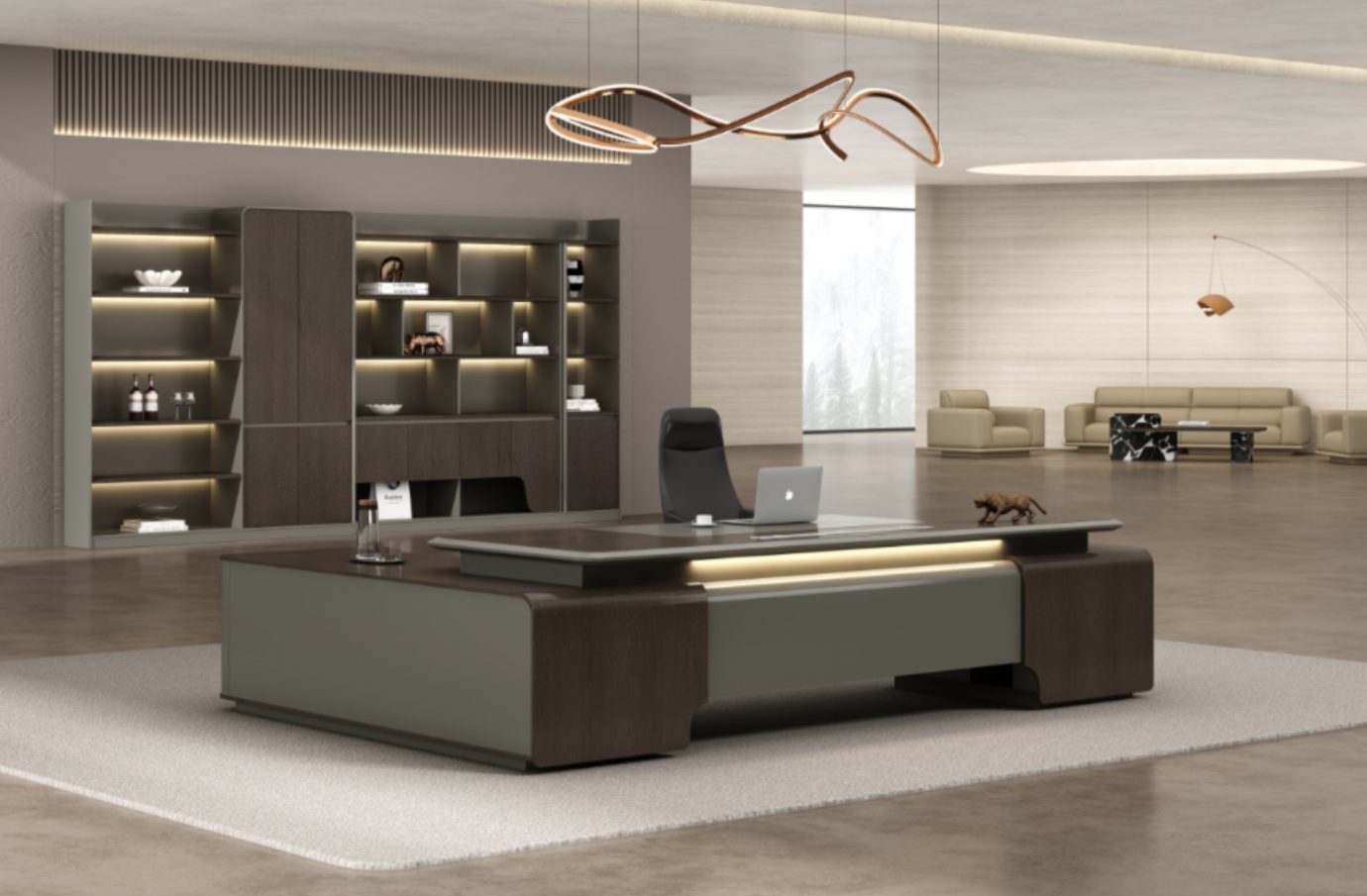 Executive office scene with desk, chair and meeting furniture