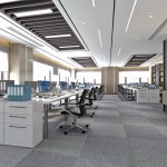 Modern executive office area with desks, storage and seating
