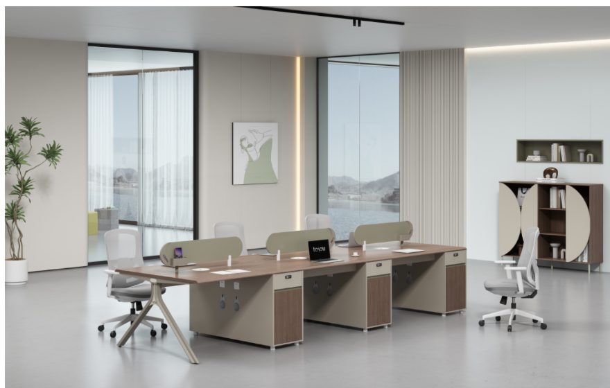 Staff workstation scene with desks, screens and office chairs